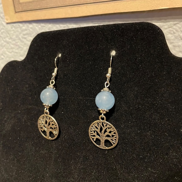 Silver Tree Of Life Carved Out With Light Blue Beaded Tiered Earrings - Picture 4 of 4